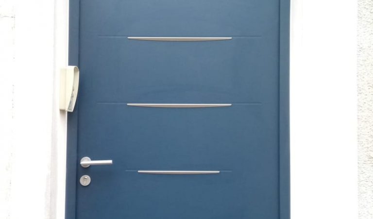 Porte dentree alu Bleu structure avec insert inox